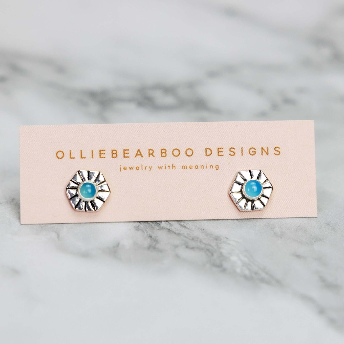 Olliebearboo Designs - Sirius Studs in fine silver and aqua chalcedony